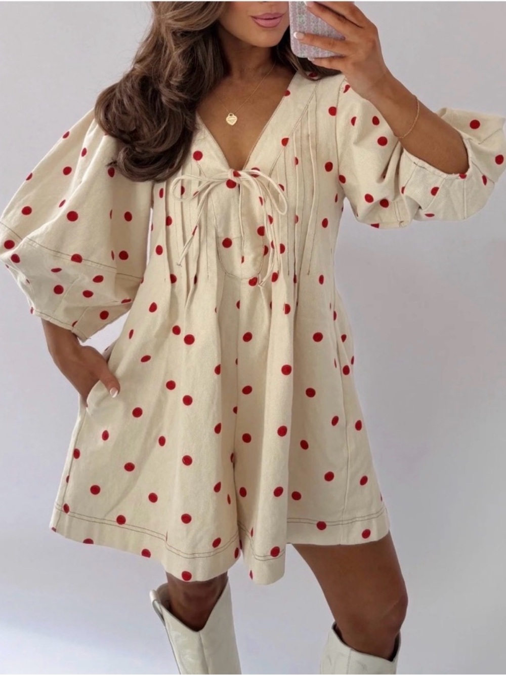 Your Darling Style Sweet Denim Polka Dot Romper Oat and Red